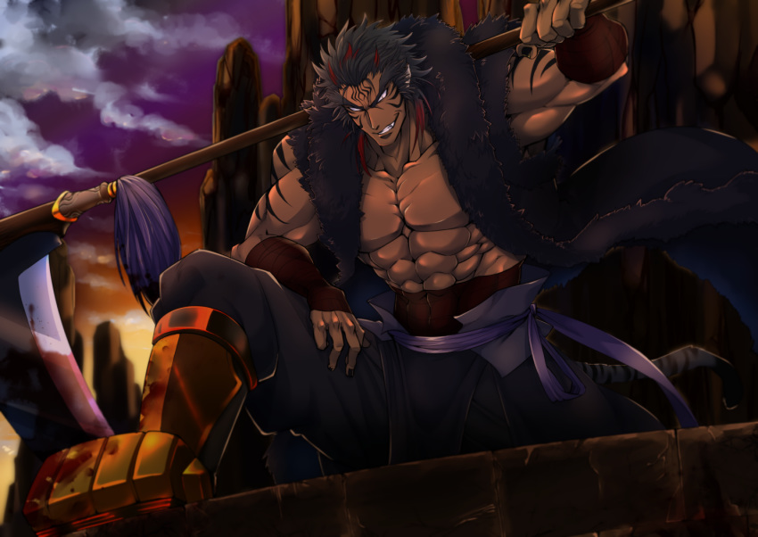 1boy abs bakuro_(pixiv_fantasia_age_of_starlight) black_hair black_nails blood bloody_clothes boots facial_tattoo holding holding_scythe male_focus multicolored_hair muscle outdoors pixiv_fantasia pixiv_fantasia_age_of_starlight redhead scythe sleeveless solo streaked_hair tattoo twilight yukiji_(mogari)