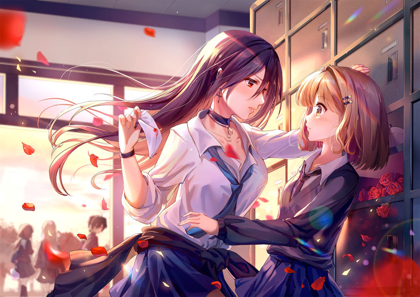 2girls bangs black_neckwear black_sweater blue_skirt blush bracelet brown_hair choker closed_mouth collarbone collared_shirt couple cross cross_earrings earrings eye_contact eyebrows_visible_through_hair floating_hair flower hair_between_eyes highres holding indoors jewelry lalazyt lens_flare long_hair looking_at_another love_letter miniskirt multiple_girls necklace necktie original petals pleated_skirt red_eyes red_flower red_rose rose shiny shiny_hair shirt skirt sleeves_rolled_up sweater very_long_hair wall_slam white_shirt wing_collar yellow_eyes yuri