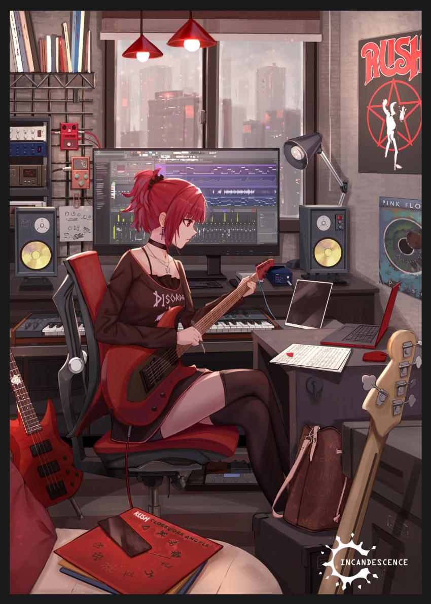 1girl amplifier bag black_legwear black_shorts brown_shirt choker computer crossed_legs earrings electric_guitar english_commentary guitar handbag highres holding holding_pen indoors instrument jewelry keyboard_(instrument) lamp laptop light_bulb looking_to_the_side loudspeaker monitor original pen ponytail poster_(object) rain red_eyes redhead shirt short_hair short_shorts shorts sidelocks sitting solo thigh-highs window yuzuriha