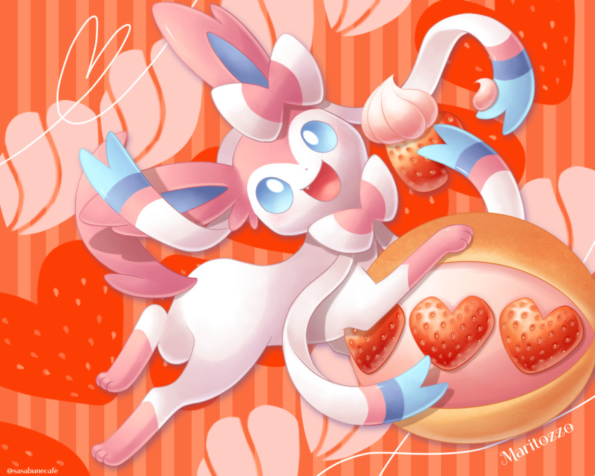 :d blue_eyes commentary_request fang food fruit happy heart highres looking_at_viewer no_humans open_mouth pokemon pokemon_(creature) sasabunecafe smile solo strawberry sylveon toes tongue