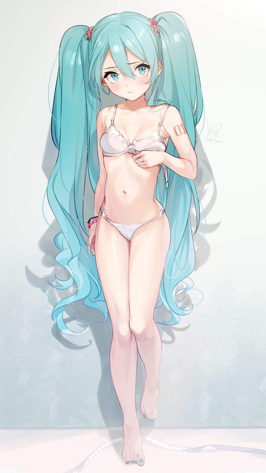 1girl absurdres al_mican aqua_eyes aqua_hair bare_arms bare_shoulders barefoot bra bracelet breasts collarbone commentary_request frown full_body hair_ornament hatsune_miku highres jewelry long_hair looking_at_viewer medium_breasts navel panties shoulder_tattoo solo standing standing_on_one_leg stomach tattoo thighs toenail_polish twintails underwear underwear_only very_long_hair vocaloid white_bra white_panties