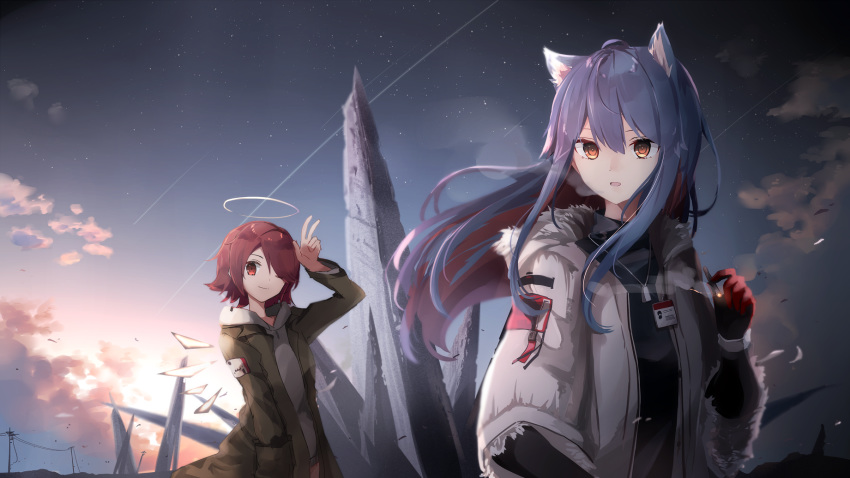 2girls aa_(sin2324) animal_ear_fluff animal_ears arknights arm_up bangs black_gloves black_shirt blue_hair blue_sky breath brown_eyes brown_jacket cigarette closed_mouth commentary_request elbow_gloves exusiai_(arknights) eyebrows_behind_hair floating_hair fur-trimmed_jacket fur_trim gloves hair_between_eyes hair_over_one_eye highres holding holding_cigarette hood hood_down hoodie jacket long_hair long_sleeves looking_at_viewer multicolored_hair multiple_girls open_clothes open_jacket outdoors parted_lips red_eyes redhead shirt short_hair short_over_long_sleeves short_sleeves sky smile smoke star_(sky) starry_sky sunrise texas_(arknights) two-tone_hair upper_body v very_long_hair white_hoodie white_jacket