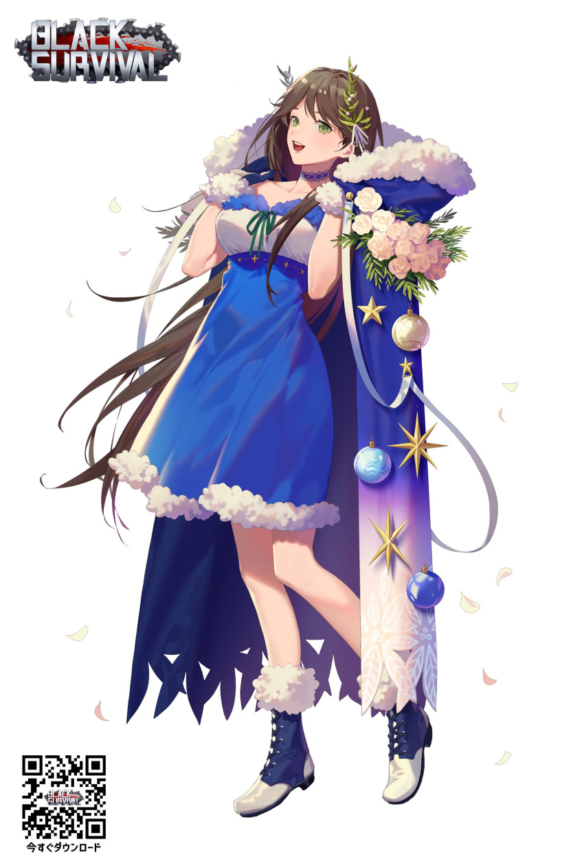 1girl :d absurdres black_survival blue_cape blue_dress blue_footwear boots brown_hair cape contrapposto dress flower full_body fur-trimmed_cape fur_trim gradient_cape green_eyes green_ribbon hair_ornament highres leaf long_hair looking_at_viewer open_mouth pink_flower pink_rose qr_code ribbon rose simple_background smile solo standing very_long_hair white_background white_flower white_rose yamakawa