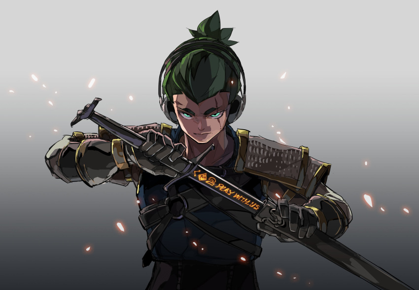 1boy armor brown_gloves closed_mouth embers facial_scar gear_eyes gloves gradient gradient_background green_hair hair_slicked_back headphones highres holding holding_sword holding_weapon male_focus original pauldrons ponytail runes scabbard scar sheath solo sword teru_by_m unsheathing upper_body weapon