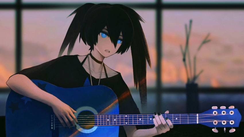 1girl bangs black_hair black_nails black_rock_shooter black_rock_shooter_(character) black_shirt blue_eyes blurry blurry_background choker collarbone hair_between_eyes highres holding holding_instrument instrument long_hair ly_(pixiv13839236) nail_polish open_mouth shirt short_sleeves solo twintails upper_body