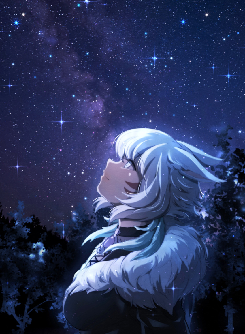 1girl animal_ears black_dress cat_ears commentary_request dark_skin dress facial_mark final_fantasy final_fantasy_xiv forest fur_collar grey_eyes highres looking_up lyra-kotto miqo'te nature night night_sky profile short_hair sky smile solo star_(sky) starry_sky tree white_hair y'shtola_rhul