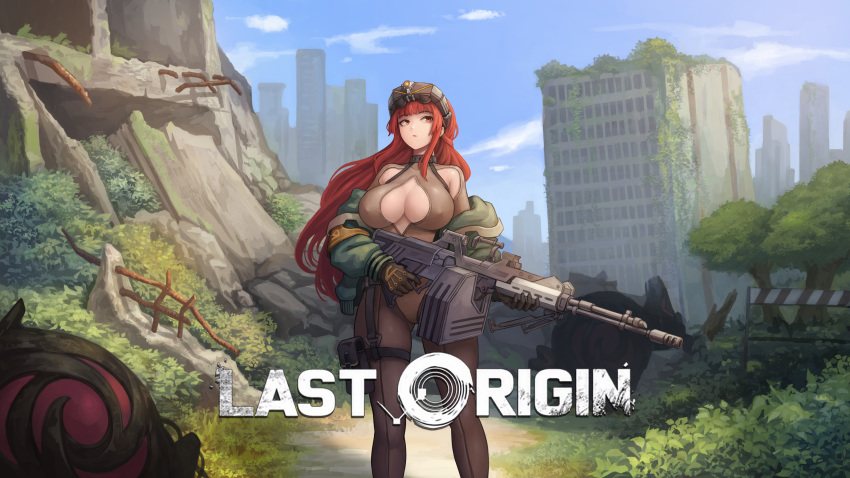 1girl absurdres arin_sel bangs breasts cleavage_cutout copyright_name day goggles goggles_on_head gun heavy_machine_gun highres huge_filesize large_breasts last_origin long_hair machine_gun outdoors red_eyes redhead sky solo t-3_leprechaun weapon