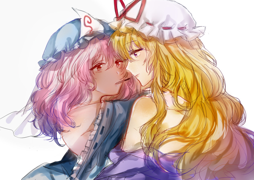 2girls back bangs blonde_hair blue_headwear blue_kimono commentary dress dress_pull english_commentary eye_contact eyebrows_visible_through_hair food from_side hair_between_eyes hat hat_ribbon hu_su hug imminent_kiss japanese_clothes kimono kimono_pull long_hair looking_at_another mob_cap mouth_hold multiple_girls pink_eyes pink_hair pocky purple_dress red_ribbon ribbon saigyouji_yuyuko see-through shiny shiny_hair short_hair simple_background sketch touhou triangular_headpiece upper_body veil violet_eyes white_background white_headwear wife_and_wife yakumo_yukari yuri