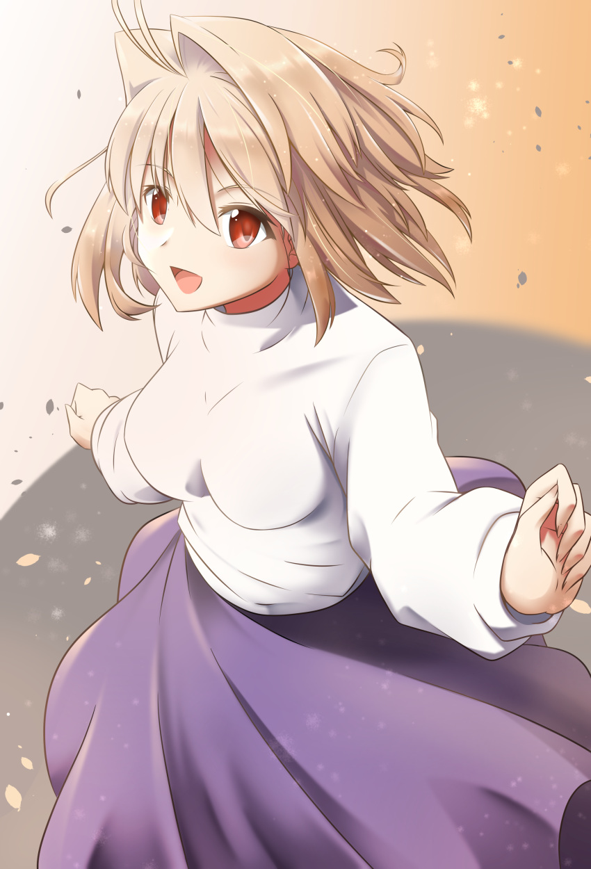 1girl :d absurdres antenna_hair arcueid_brunestud bangs blonde_hair blurry blurry_background breasts eyebrows_visible_through_hair floating_hair hair_between_eyes hair_intakes highres long_hair long_skirt long_sleeves medium_breasts open_mouth purple_skirt red_eyes shiny shiny_hair shirt short_hair skirt smile solo standing taniryuu2 tsukihime white_shirt