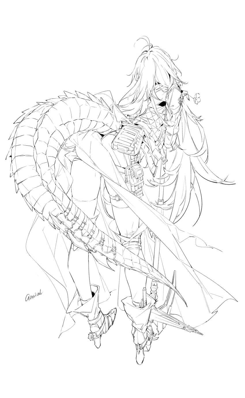 1girl absurdres ahoge armor ass boot_knife boots chuzenji dragon_tail fingerless_gloves fingernails flower gloves greyscale high_heels highres holding holding_weapon knife long_fingernails long_hair monochrome original pouch signature solo spurs tail thigh-highs thigh_strap weapon