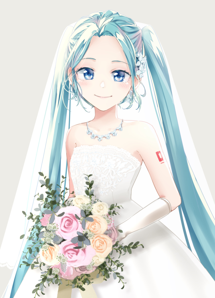 1girl agonasubi aqua_eyes aqua_hair bare_shoulders blush bouquet bridal_veil bride closed_mouth commentary dress earrings elbow_gloves flower gloves hair_flower hair_ornament hatsune_miku highres holding holding_bouquet jewelry lace lace-trimmed_dress long_hair looking_at_viewer necklace ribbon shoulder_tattoo smile solo strapless strapless_dress tattoo twintails upper_body veil very_long_hair vocaloid wedding_dress white_dress white_gloves