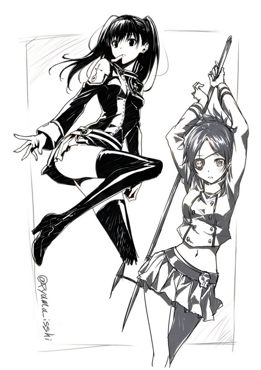 2girls arms_up bangs belt boots breasts chrome_dokuro crop_top d.gray-man eyepatch floating_hair greyscale hair_between_eyes high_heel_boots high_heels highres holding_polearm katekyo_hitman_reborn lenalee_lee long_hair long_sleeves midriff military military_jacket military_uniform miniskirt monochrome multiple_girls navel parted_bangs parted_lips pleated_skirt puma_(hyuma1219) skirt small_breasts standing standing_on_one_leg stomach thigh-highs thigh_boots thigh_gap twintails twitter_username uniform white_background zettai_ryouiki