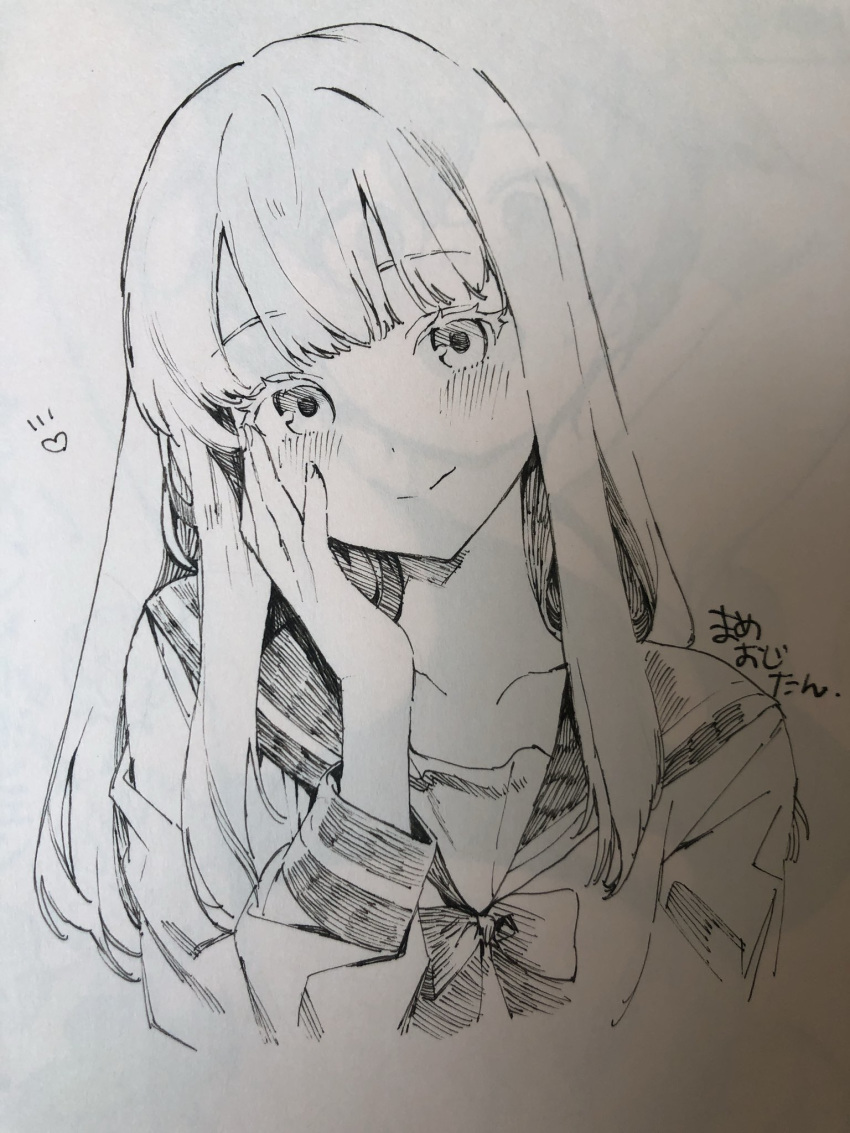 1girl amanekuu bangs blunt_bangs blush bow closed_mouth collarbone eyebrows_visible_through_hair fingernails greyscale hand_on_own_face hatching hatching_(texture) head_tilt heart highres long_hair monochrome original sketch smile traditional_media