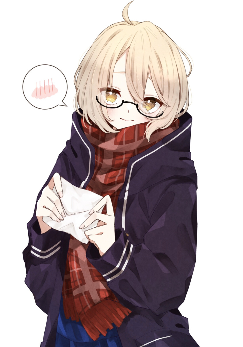 1girl ahoge alternate_hairstyle artoria_pendragon_(all) bangs blonde_hair blue_jacket blush closed_mouth commentary embarrassed fate/grand_order fate_(series) glasses hair_between_eyes highres holding_letter jacket letter long_sleeves looking_at_viewer messy_hair mysterious_heroine_x_(alter) open_clothes open_jacket plaid plaid_scarf red_scarf scarf semi-rimless_eyewear shimotsuki1122 short_hair sidelocks simple_background solo speech_bubble spoken_blush standing under-rim_eyewear white_background yellow_eyes
