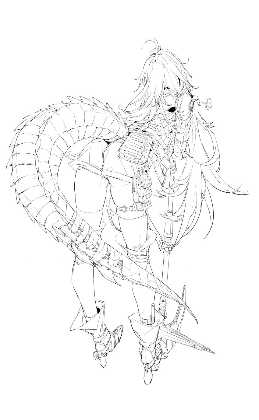 1girl absurdres ahoge armor ass boot_knife boots chuzenji dragon_tail fingerless_gloves fingernails flower gloves greyscale high_heels highres holding holding_weapon knife long_fingernails long_hair monochrome original pouch solo spurs tail thigh-highs thigh_strap weapon