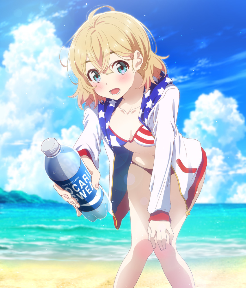 1girl ahoge american_flag_bikini artist_request beach bikini blonde_hair blue_eyes blurry blurry_background blush bottle breasts clouds collarbone day depth_of_field flag_print hand_on_own_knee highres hood hooded_jacket hoodie jacket kanojo_okarishimasu knees_together_feet_apart leaning_forward looking_at_viewer nanami_mami navel ocean offering official_art open_clothes open_jacket open_mouth outdoors small_breasts solo standing swimsuit water_bottle