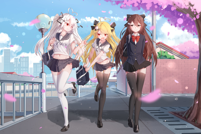3girls :o absurdres ahoge arms_behind_back bag bai_yemeng bangle bangs black_footwear black_jacket black_legwear black_ribbon black_sailor_collar black_skirt blazer blonde_hair blue_sky blurry blurry_foreground blush bow bowtie bracelet breasts brown_eyes brown_hair building buttons cherry_blossoms cityscape closed_mouth clouds cloudy_sky collarbone collared_shirt commentary_request day depth_of_field duffel_bag groin hair_between_eyes hair_ornament hair_ribbon hairclip heart_ahoge highres holding holding_bag house huge_filesize jacket jewelry lamppost large_breasts leg_up light_particles loafers long_hair looking_at_another medium_breasts midriff miniskirt multiple_girls navel one_eye_closed open_mouth original outdoors path pleated_skirt red_eyes red_neckwear ribbon road sailor_collar school_bag school_uniform serafuku shadow shirt shoes short_sleeves siblings sidelocks signature sisters skirt sky skyline smile stomach thigh-highs tokisaki_asaba tokisaki_mio tree two_side_up undershirt v-shaped_eyebrows very_long_hair walking white_hair white_legwear white_shirt wing_collar wristband x_hair_ornament zettai_ryouiki