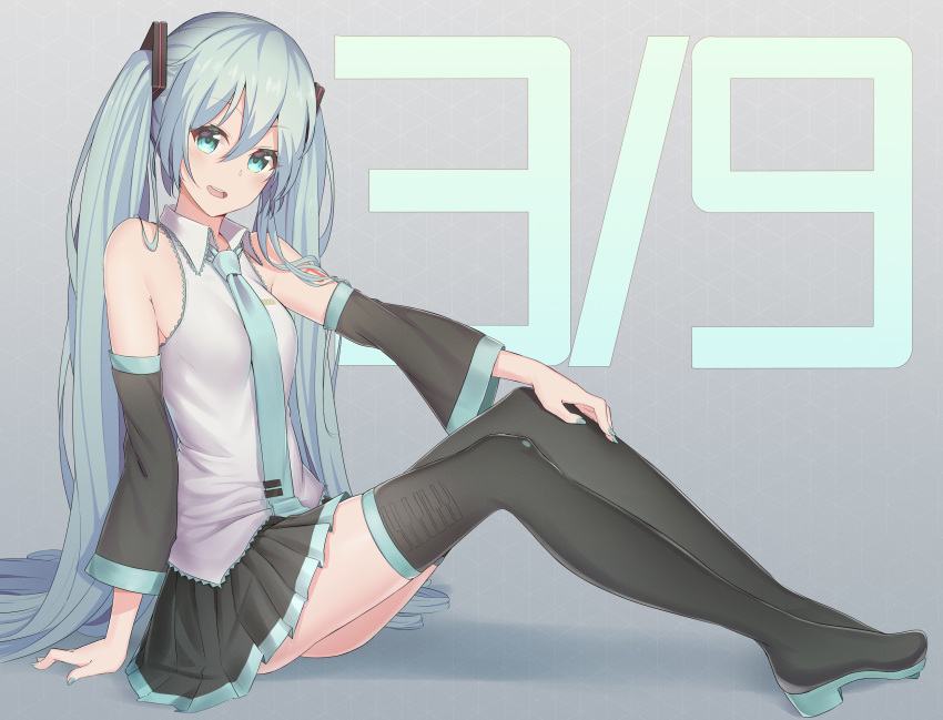 1girl 39 aqua_eyes aqua_hair aqua_nails aqua_neckwear arm_support bare_shoulders bibboss39 black_legwear black_skirt black_sleeves boots detached_sleeves from_side full_body grey_shirt hair_ornament hand_on_own_knee hatsune_miku highres long_hair looking_at_viewer miniskirt nail_polish necktie open_mouth piano_print pleated_skirt shirt shoulder_tattoo sitting skirt sleeveless sleeveless_shirt smile solo tattoo thigh-highs thigh_boots twintails very_long_hair vocaloid