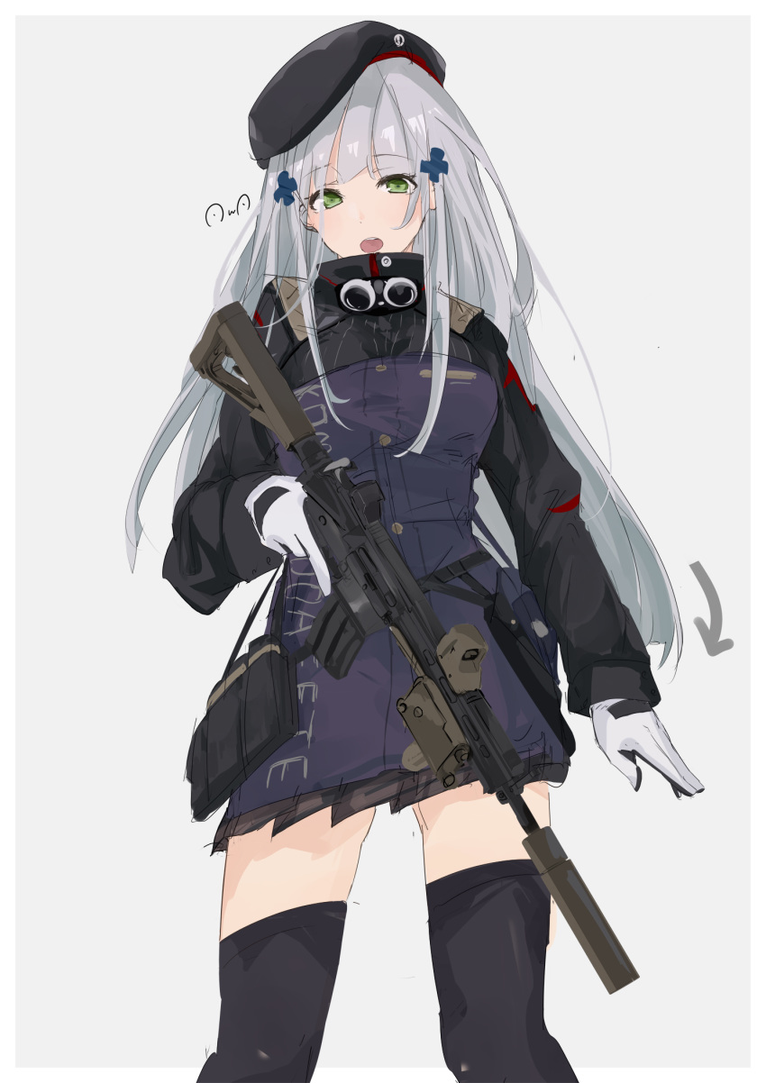 1girl assault_rifle bangs beret black_legwear girls_frontline gloves green_eyes grey_background gun h&amp;k_hk416 hat highres hk416_(girls_frontline) long_hair looking_at_viewer military military_hat military_operator military_uniform open_mouth rifle rotalasp shirt silver_hair solo thigh-highs uniform weapon white_gloves