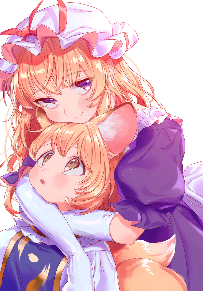 2girls absurdres animal_ear_fluff animal_ears bangs blonde_hair blush brown_eyes commentary_request dress eyebrows_visible_through_hair fox_ears fox_tail frills gloves hat hat_ribbon highres long_hair looking_at_viewer looking_up masanaga_(tsukasa) mob_cap multiple_girls multiple_tails no_hat no_headwear parted_lips pink_ribbon puffy_short_sleeves puffy_sleeves purple_dress ribbon short_hair short_sleeves simple_background smile tabard tail touhou upper_body violet_eyes white_background white_gloves white_headwear yakumo_ran yakumo_yukari