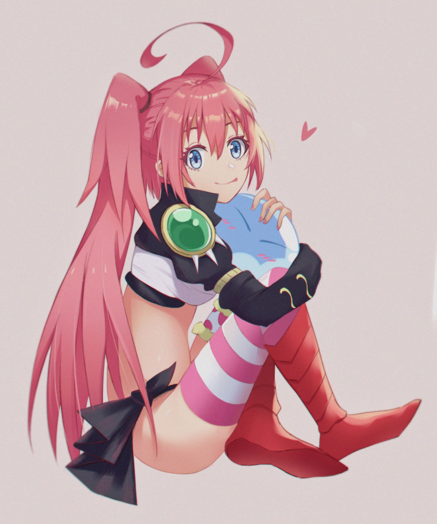 1girl ;q ahoge black_panties blue_eyes crop_top from_side full_body grey_background hair_between_eyes heart highres long_hair long_sleeves ly_(pixiv13839236) milim_nava one_eye_closed panties pink_hair rimuru_tempest shiny shiny_hair simple_background sitting slime solo striped striped_legwear tensei_shitara_slime_datta_ken thigh-highs tongue tongue_out twintails underwear very_long_hair