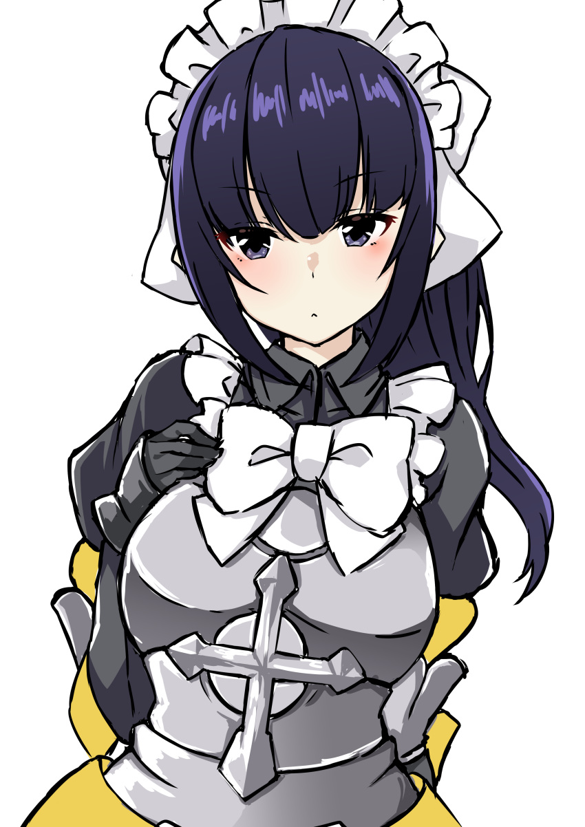 1girl absurdres armor artist_request bangs black_eyes black_hair blue_eyes blunt_bangs blush bow breasts dress gloves highres long_hair looking_at_viewer maid maid_headdress medium_breasts narberal_gamma overlord_(maruyama) ponytail simple_background solo white_background