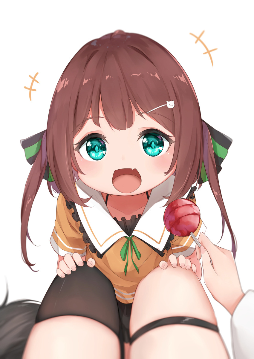 +++ 2girls :d absurdres aqua_eyes black_legwear blush brown_hair candy commentary eyebrows_visible_through_hair fang food fox_tail hair_ornament hairclip hands_on_another's_knees head_tilt highres hololive lollipop matsuri_channel multiple_girls natsuiro_matsuri open_mouth pov shirakami_fubuki single_thighhigh skin_fang smile symbol_commentary tail thigh-highs thigh_strap to_naive virtual_youtuber white_background younger