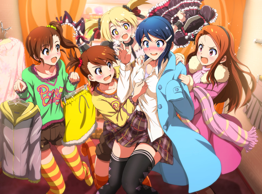 +_+ 5girls :d black_legwear blonde_hair blue_eyes blue_hair blurry blurry_background blush brown_eyes brown_hair brown_shorts brown_skirt choker coat_dress collarbone collared_shirt dress_shirt embarrassed floating_hair fur_coat futami_ami futami_mami green_shirt hair_ornament hair_scrunchie hairclip highres hina_(araburu-hinadori) idolmaster idolmaster_dearly_stars lolita_fashion long_hair minase_iori miniskirt mizutani_eri multiple_girls one_side_up open_mouth orange_legwear pink_coat pink_sweater plaid plaid_skirt pleated_skirt print_shirt red_eyes red_scrunchie ribbed_sweater scarf scrunchie shirt short_hair short_shorts shorts side_ponytail skirt smile sparkle striped striped_legwear suzuki_ayane sweater thigh-highs turtleneck turtleneck_sweater very_long_hair white_shirt wing_collar yellow_scrunchie yellow_shirt zettai_ryouiki