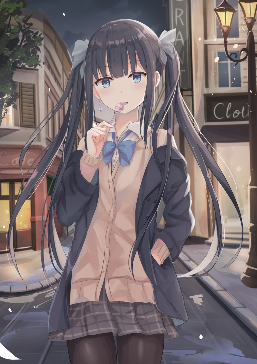 1girl absurdres bangs black_hair black_legwear blue_bow blue_eyes blunt_bangs bow building candy cardigan earrings food hand_in_pocket highres jacket jewelry lollipop long_hair looking_at_viewer open_clothes open_jacket original outdoors pantyhose pleated_skirt skirt solo touhourh twintails