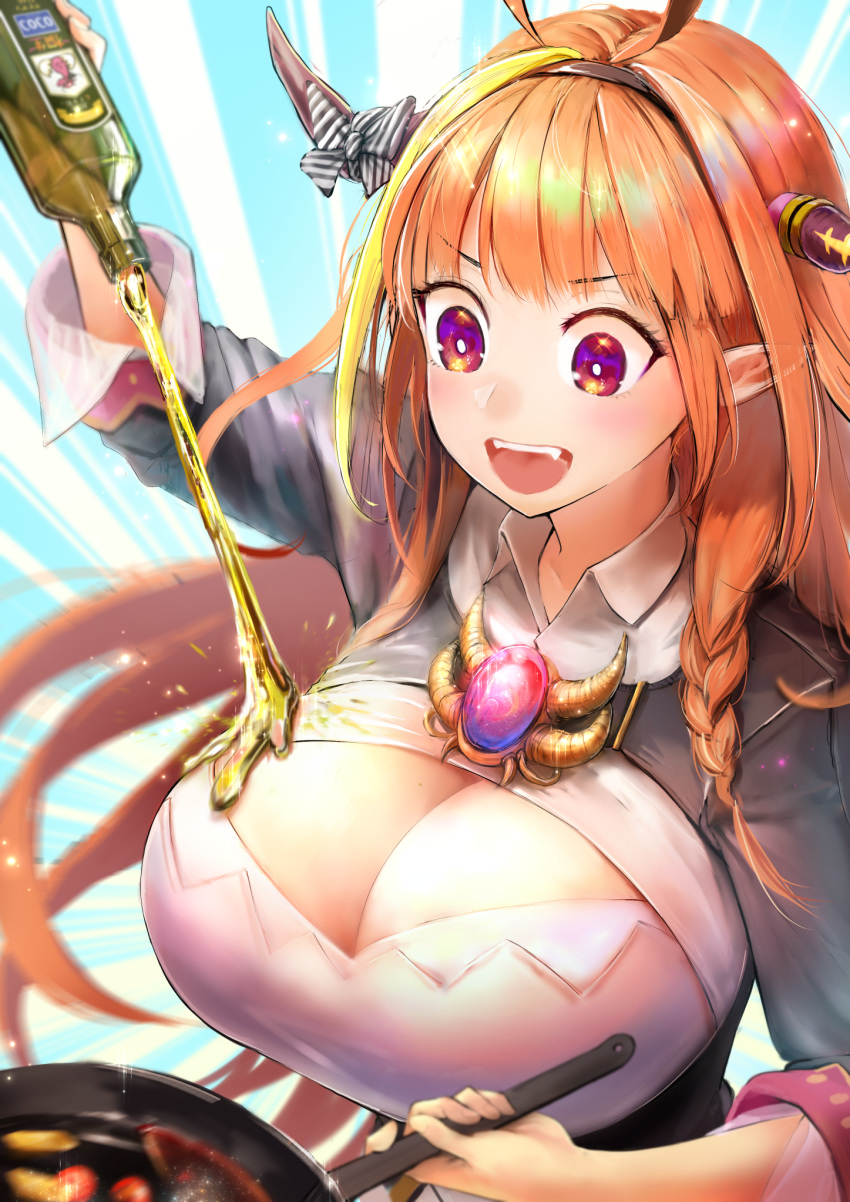 1girl :d ahoge akinashe blonde_hair bottle braid breasts commentary cooking dragon_horns eyebrows_visible_through_hair food frying_pan hairband highres holding holding_bottle hololive horns kiryuu_coco large_breasts long_hair multicolored multicolored_eyes multicolored_hair open_mouth orange_hair pointy_ears smile solo streaked_hair v-shaped_eyebrows very_long_hair virtual_youtuber