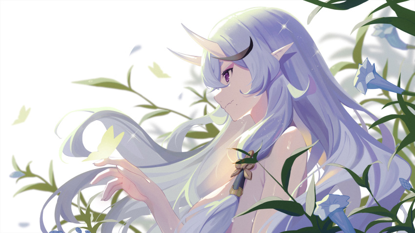 1girl baseness closed_mouth floating_hair flower from_side hair_between_eyes hair_tubes highres horns long_hair nijisanji nude pointy_ears rindou_mikoto silver_hair solo sparkle upper_body very_long_hair violet_eyes virtual_youtuber white_background white_flower