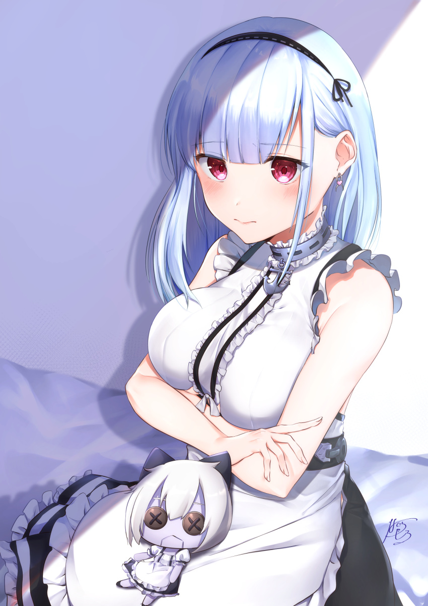 1girl aika_(1019-akari) apron azur_lane bare_shoulders black_hairband blush breasts character_doll dido_(azur_lane) earrings eyebrows_visible_through_hair frills hairband highres jewelry large_breasts long_hair looking_at_viewer maid silver_hair sitting sleeveless solo violet_eyes white_apron white_hair
