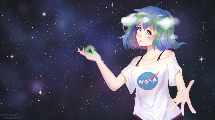 1girl absurdres blue_eyes blue_hair blush clouds earth-chan green_hair highres looking_at_viewer melloncollie-chan multicolored_hair nasa_logo open_mouth original recycling_symbol shirt short_hair smile solo space two-tone_hair wallpaper