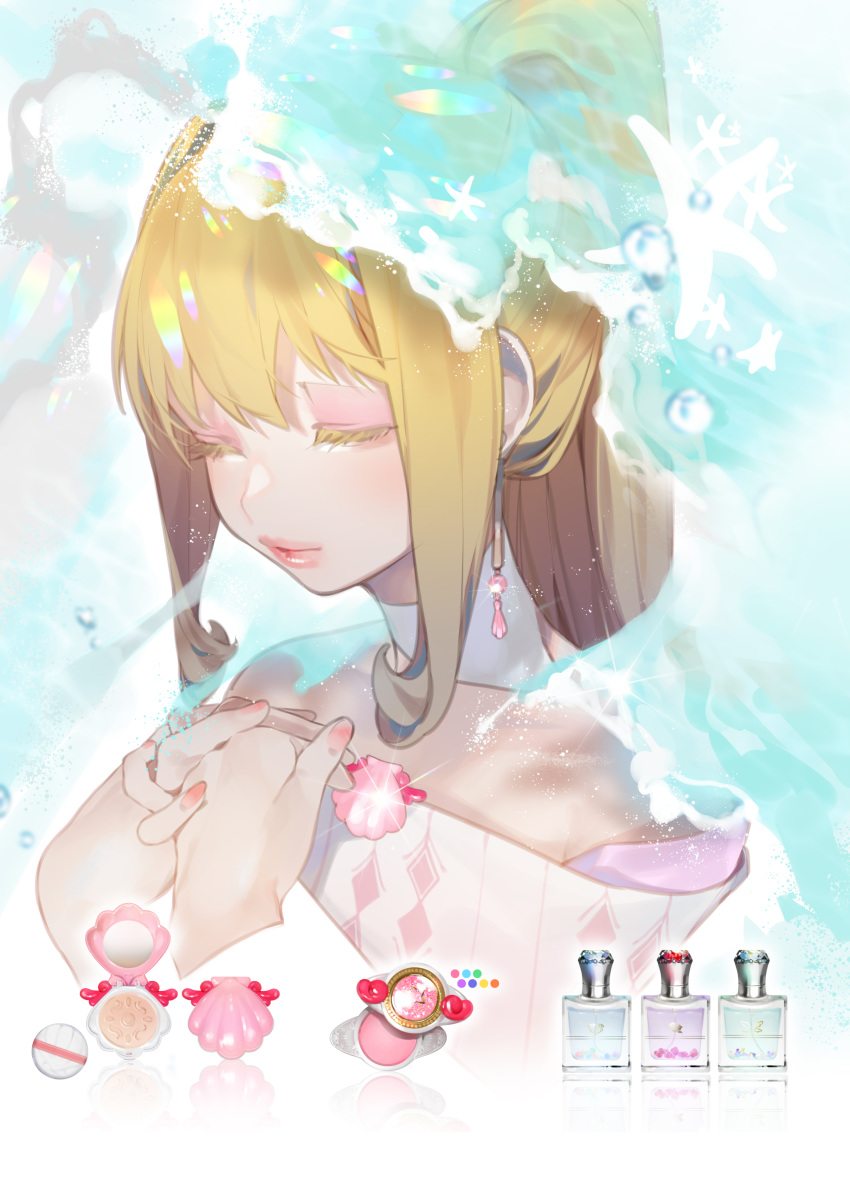 1girl absurdres blonde_hair closed_eyes cosmetics detached_collar dress earrings eyelashes fingernails glint highres jewelry long_hair mermaid_melody_pichi_pichi_pitch nail_polish nanami_lucia ohisashiburi own_hands_together pink_nails ponytail seashell shell sidelocks smile solo upper_body white_dress