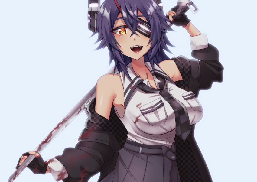 1girl black_gloves blood bloody_weapon blush breasts checkered checkered_neckwear eyepatch gloves headgear highres kantai_collection large_breasts looking_at_viewer multiple_girls necktie open_mouth partly_fingerless_gloves purple_hair school_uniform short_hair skirt smile solo sword tenryuu_(kantai_collection) weapon yellow_eyes yuudadou