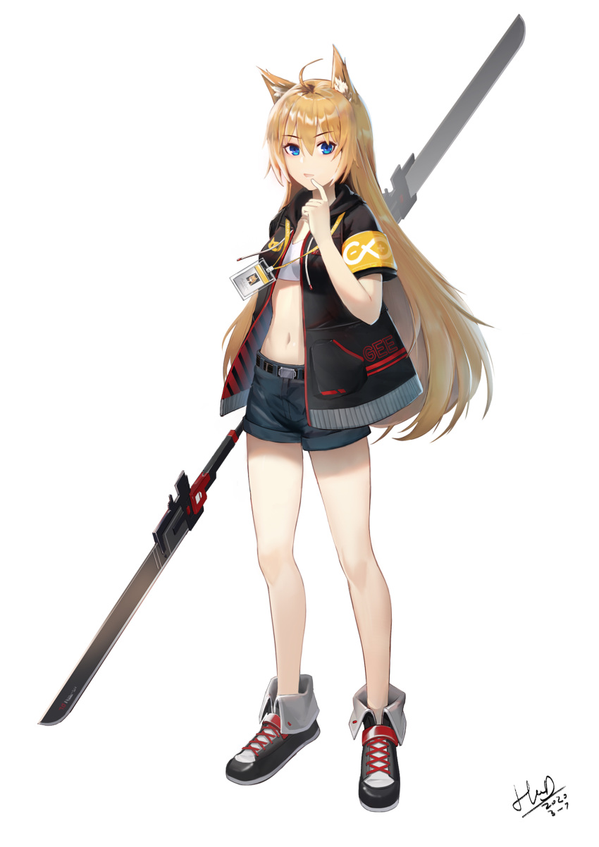 1girl absurdres ahoge animal_ears armband bare_legs belt black_jacket black_shorts blonde_hair blue_eyes breasts crop_top denim denim_shorts double-blade drawstring finger_to_mouth fox_ears full_body hand_up highres hkd holding holding_spear holding_weapon hood hood_down hooded_jacket id_card jacket lanyard long_hair looking_at_viewer midriff navel open_mouth original polearm shirt shoes short_shorts shorts simple_background small_breasts sneakers solo spear standing stomach thighs very_long_hair weapon white_background white_shirt