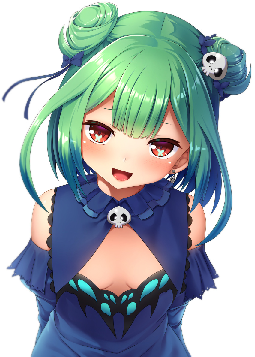 1girl :d bare_shoulders blue_bow bow breasts breasts_apart commentary_request double_bun dress earrings eyebrows_visible_through_hair furrowed_eyebrows green_hair hair_bow hair_ornament head_tilt highres hololive jewelry looking_at_viewer noshimasa open_mouth red_eyes simple_background skull_earrings skull_hair_ornament small_breasts smile solo uruha_rushia virtual_youtuber white_background