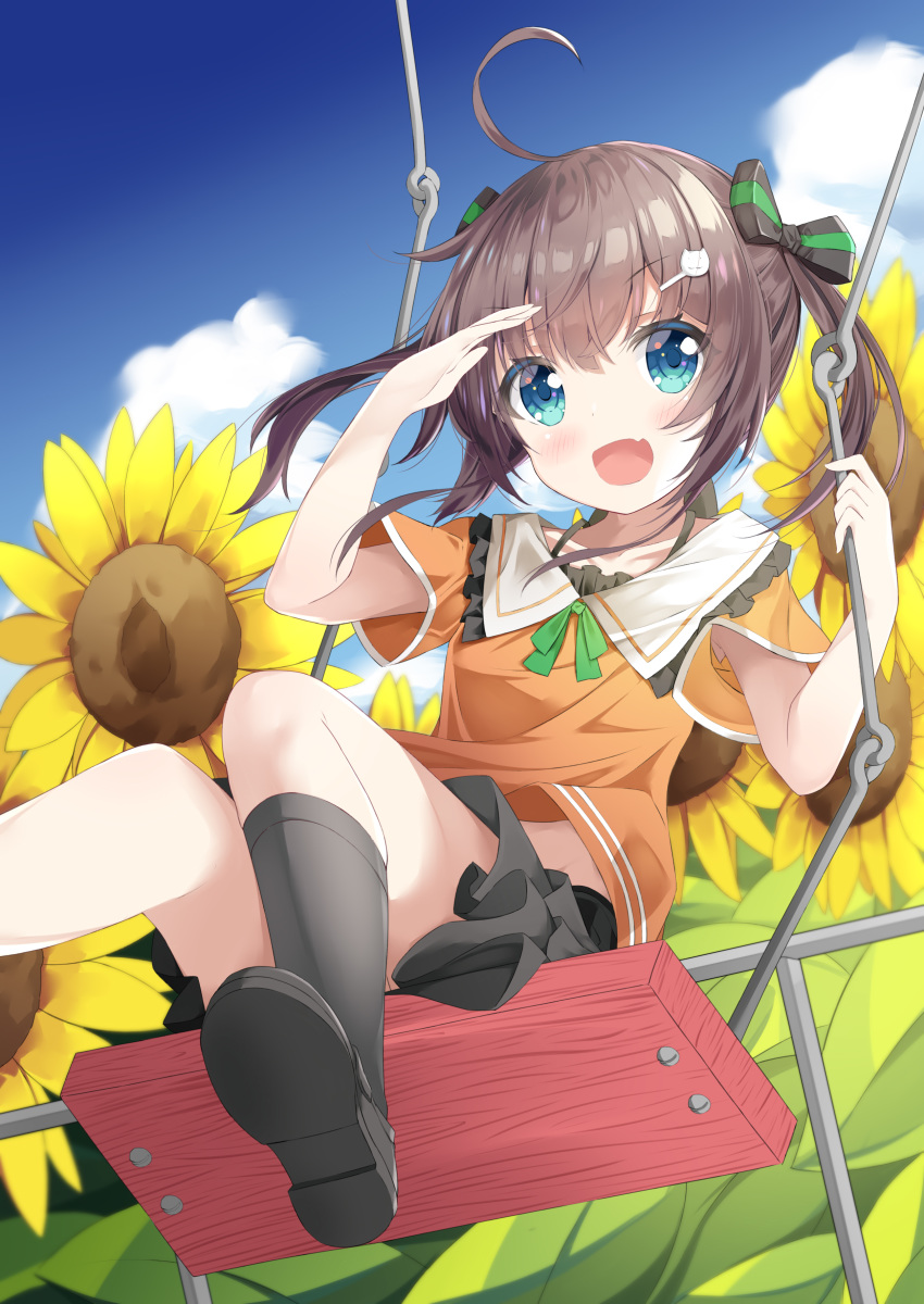 1girl 223_(pixiv332210012) :d absurdres animal_ears arm_up bangs black_bow black_footwear black_legwear black_skirt blue_eyes blue_sky blush bow brown_hair brown_shirt cat_hair_ornament clouds collarbone commentary_request day eyebrows_visible_through_hair fang flower from_below green_ribbon hair_between_eyes hair_bow hair_ornament hairclip highres hololive loafers matsuri_channel natsuiro_matsuri open_mouth outdoors pleated_skirt ribbon shirt shoe_soles shoes short_sleeves sitting skirt sky smile socks solo striped striped_bow sunflower swing twintails virtual_youtuber wide_sleeves yellow_flower