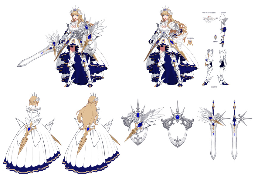 1girl armor bangs blonde_hair blush breasts character_sheet crown dress fajyobore323 feathered_wings frills full_body gauntlets greaves highres holding holding_shield holding_sword holding_weapon long_hair open_mouth original pauldrons shield simple_background solo standing sword teeth tongue upper_teeth very_long_hair weapon white_background white_dress wings