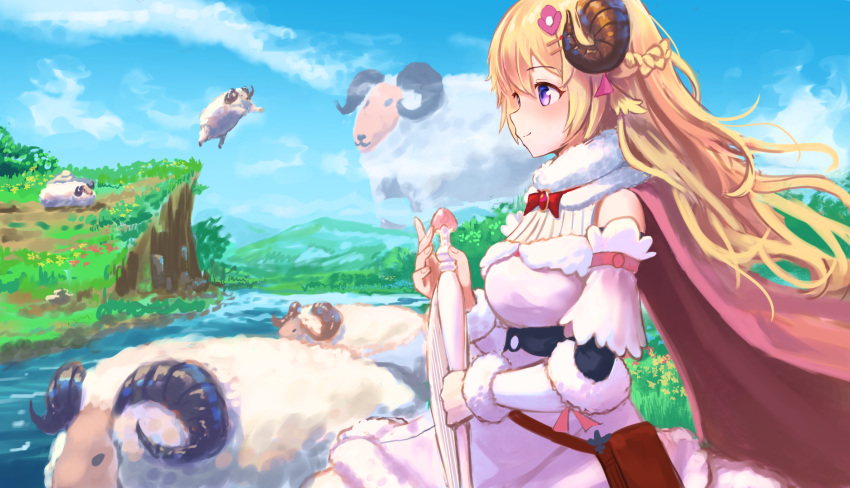 1girl blonde_hair blue_sky blush braid breasts cape closed_mouth clouds commentary flower french_braid harp highres holding holding_instrument hololive horns instrument long_hair looking_to_the_side medium_breasts nature neck_ribbon outdoors pouch red_cape red_ribbon ribbon river riverbank roke_(taikodon) sheep sheep_horns sitting sky smile solo tsunomaki_watame violet_eyes virtual_youtuber