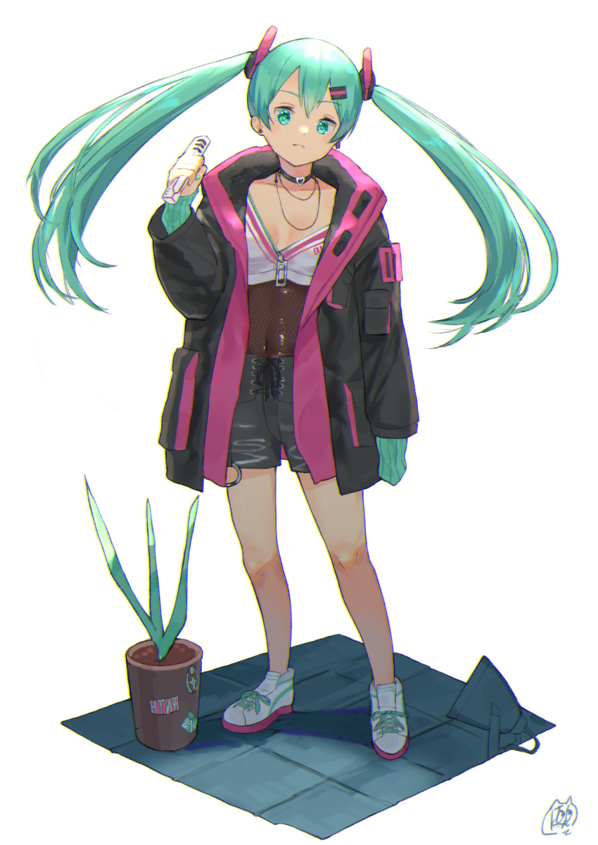 1girl alternate_costume aqua_eyes aqua_hair aqua_nails arm_at_side bangs bare_legs black_choker black_coat blush breasts casual choker closed_mouth coat collarbone commentary covered_navel earrings eyebrows_visible_through_hair fishnets flower_pot full_body hair_ornament hairclip hatsune_miku highres holding holding_microphone jewelry long_sleeves looking_at_viewer mashiro_kta microphone nail_polish necklace open_clothes open_coat plant potted_plant shoes simple_background small_breasts sneakers solo standing stud_earrings twintails vocaloid white_background white_footwear zipper_pull_tab
