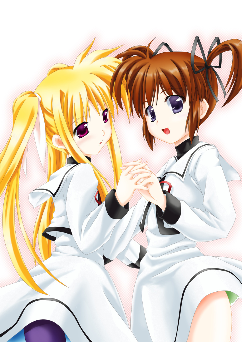 2girls black_ribbon blonde_hair blush brown_hair child couple fate_testarossa happy highres holding_hand interlocked_fingers kuroyorozu legs long_hair looking_at_another lyrical_nanoha magical_girl mahou_shoujo_lyrical_nanoha mahou_shoujo_lyrical_nanoha_a's multiple_girls open_mouth red_eyes red_ribbon ribbon school_uniform short_hair short_twintails simple_background skirt smile takamachi_nanoha thighs twintails uniform violet_eyes white_background white_ribbon yuri
