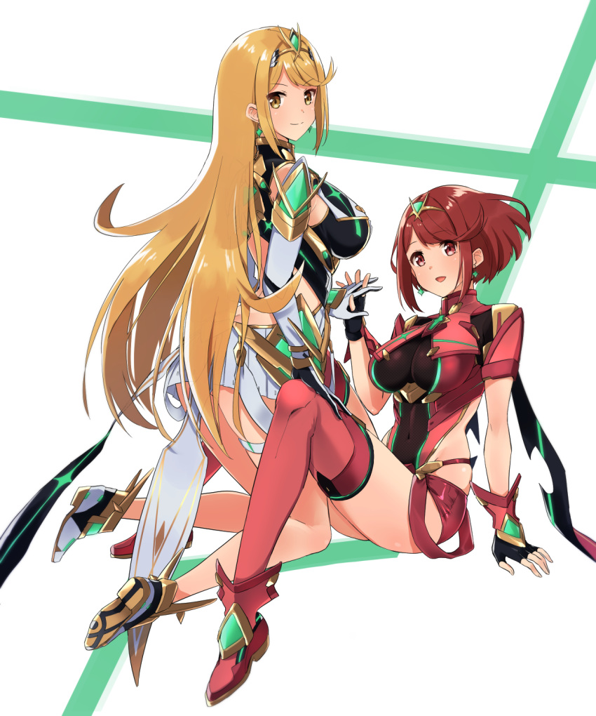 2girls bangs bare_shoulders blonde_hair breasts covered_navel earrings elbow_gloves fingerless_gloves gem gloves headpiece highres mythra_(xenoblade) holding_hands pyra_(xenoblade) jewelry large_breasts long_hair looking_at_viewer mokki multiple_girls open_mouth red_eyes red_shorts redhead short_hair short_shorts shorts shoulder_armor sideboob swept_bangs thigh-highs thigh_strap tiara user_endv5287 very_long_hair xenoblade_(series) xenoblade_2 yellow_eyes