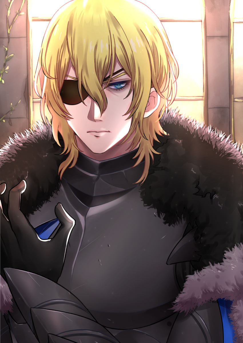 1boy arm_guards armor backlighting bags_under_eyes black_gloves blonde_hair blue_eyes breastplate cape dimitri_alexandre_blaiddyd eyepatch fire_emblem fire_emblem:_three_houses fur-trimmed_cape fur_trim gloves hair_between_eyes hand_up highres indoors male_focus maou_(demonlord) serious solo upper_body v-shaped_eyebrows vambraces window