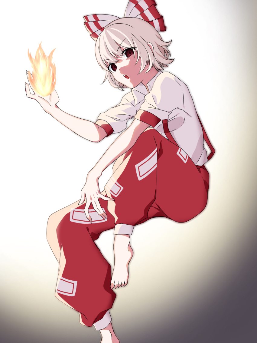 1girl bangs barefoot bow collared_shirt eringi_(rmrafrn) eyebrows_visible_through_hair fire fujiwara_no_mokou gradient gradient_background grey_background greyscale hair_bow hand_up highres knee_up looking_at_viewer monochrome pants parted_lips puffy_pants red_eyes red_pants shirt short_hair short_sleeves sitting solo suspenders touhou upper_teeth v-shaped_eyebrows white_background white_bow white_shirt