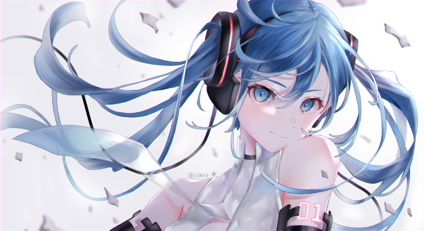 1girl absurdres bare_shoulders black_sleeves blue_eyes blue_hair commentary debris detached_sleeves glowing_tattoo hair_ornament hatsune_miku head_tilt headphones highres light_smile long_hair looking_at_viewer midriff_cutout miku_append shirt shoulder_tattoo sleeveless sleeveless_shirt solo tattoo towor_n twintails twitter_username upper_body very_long_hair vocaloid vocaloid_append white_background white_shirt