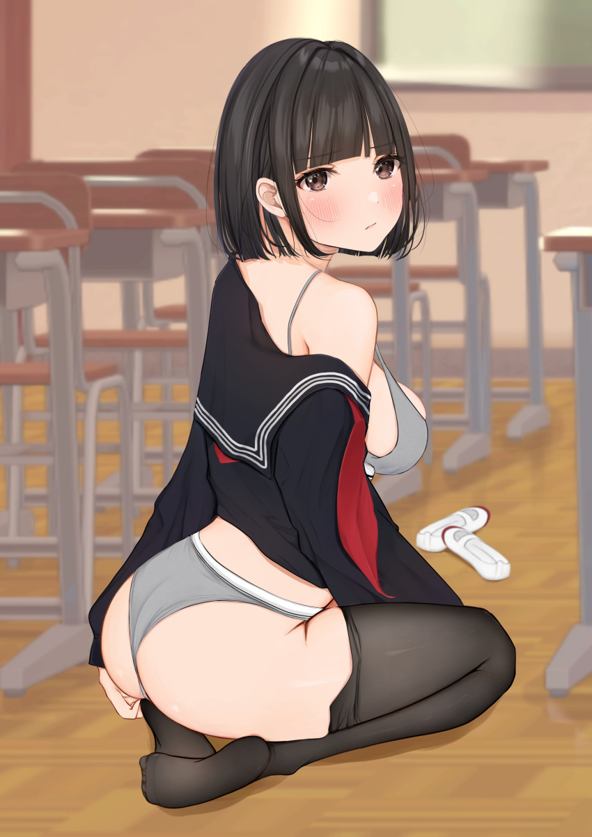 1girl absurdres ass bangs bare_shoulders black_legwear black_shirt blush bob_cut bra breasts brown_eyes classroom commentary_request desk eyebrows_visible_through_hair from_side frown grey_bra grey_panties highres large_breasts long_sleeves no_shoes on_ground original panties pantyhose school_desk school_uniform shirt shoes shoes_removed sitting solo uiri-na underwear white_footwear