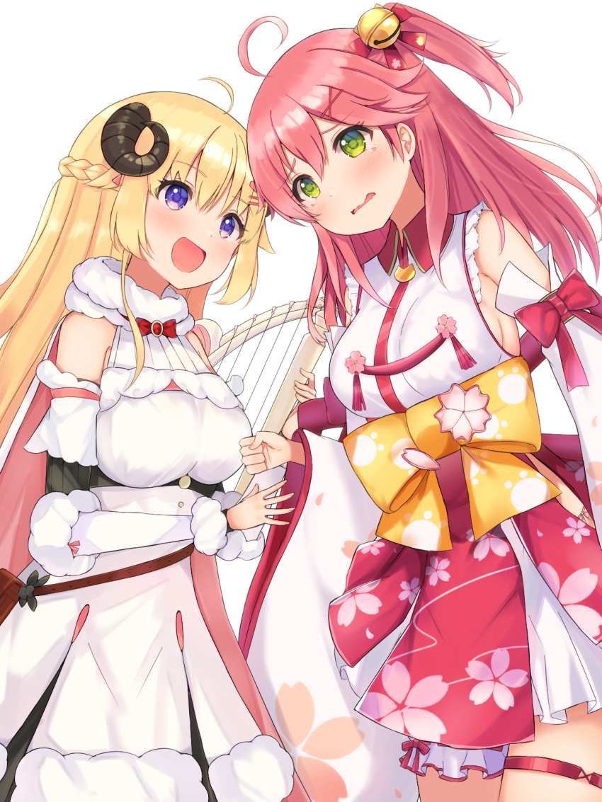 2girls blonde_hair blush breasts commentary_request detached_sleeves green_eyes harp highres hololive horns instrument looking_at_another mi_taro333 multiple_girls nontraditional_miko open_mouth pink_hair rock_paper_scissors sakura_miko sheep_horns simple_background tears tsunomaki_watame violet_eyes virtual_youtuber white_background