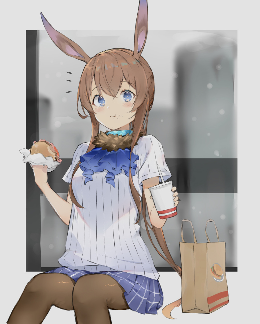 1girl absurdres amiya_(arknights) animal_ears arknights ascot bag blue_eyes blue_skirt blush brown_hair brown_legwear commentary cup disposable_cup eating food food_on_face grey_background hamburger highres pantyhose paper_bag pleated_skirt rabbit_ears ryou_(ponpgo) skirt solo