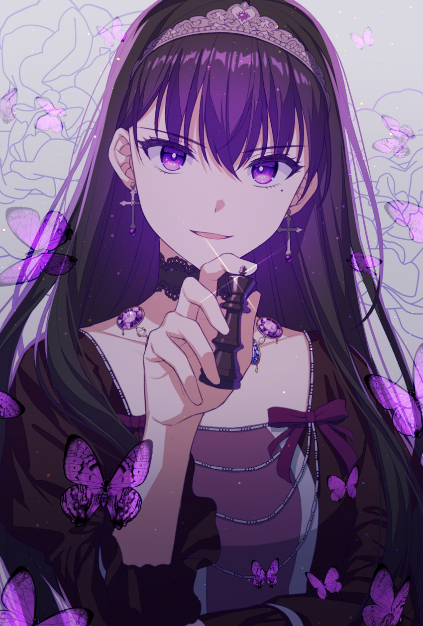1girl amethyst_(gemstone) black_choker black_dress bug butterfly chess_piece choker collarbone cross cross_earrings dress earrings eyebrows_visible_through_hair eyelashes floral_background gem grey_hairband hairband highres holding insect jenevan jewelry king_(chess) long_hair long_sleeves looking_at_viewer mature necklace original parted_lips purple_hair smug solo sparkle straight_hair tiara upper_body v-shaped_eyebrows violet_eyes